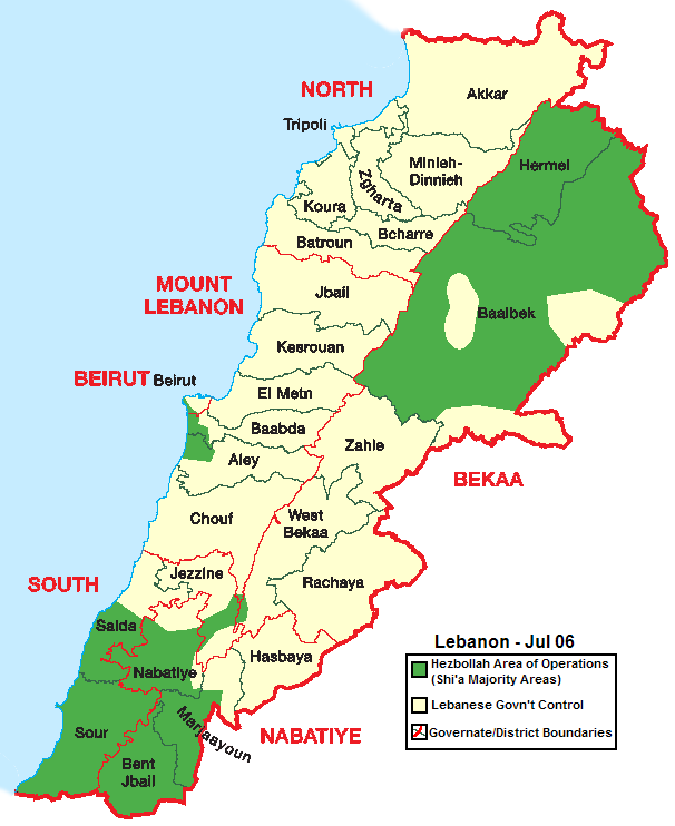 Map of Hezbollah-controlled areas of Lebanon. Specifically, the entire south from Jezzine to the border; the southern area of Beirut; and the northeast regions of Hermel and Baalbek.
