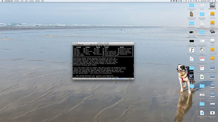 Grab of a Macintosh computer screen. The small box in the centre is an EGA-resolution emulated DOS screen.