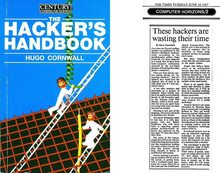 Front cover of the Hacker’s Handbook by Hugo Cornwall and a clipping from the 16 June 1987 issue of The Times headlined: ‘These hackers are wasting their time’.