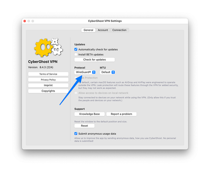 cyberghost vpn settings