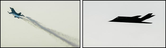 Two photographs of military jet fighter aircraft. The one on the left is deliberately trailing smoke during an air show.