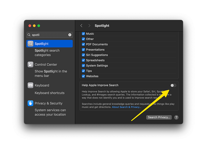 spotlight settings in system settings