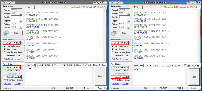 Two windows of UartAssistant.exe with communication examples in HEX encoding