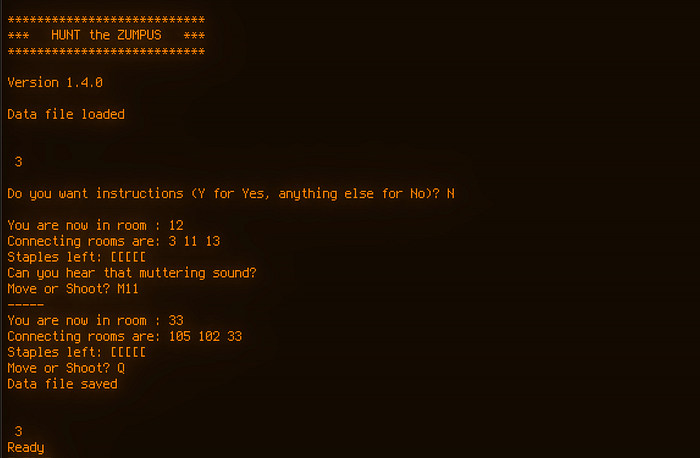 A screengrab of amber text output on a black screen showing a game in progress.