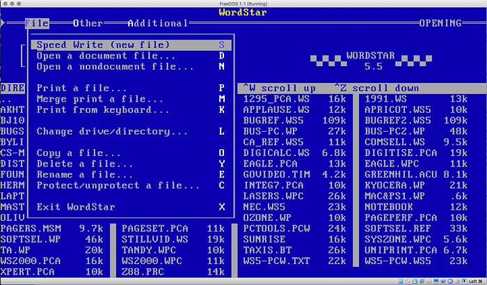 Screenshot of the main page of WordStar 5.5 software running on MS-DOS.