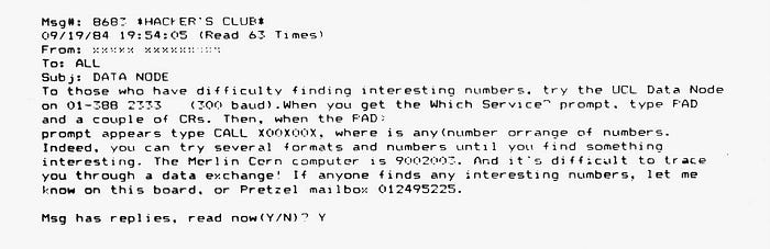 Dot matrix printout of a message left on a forum on a bulletin board system.