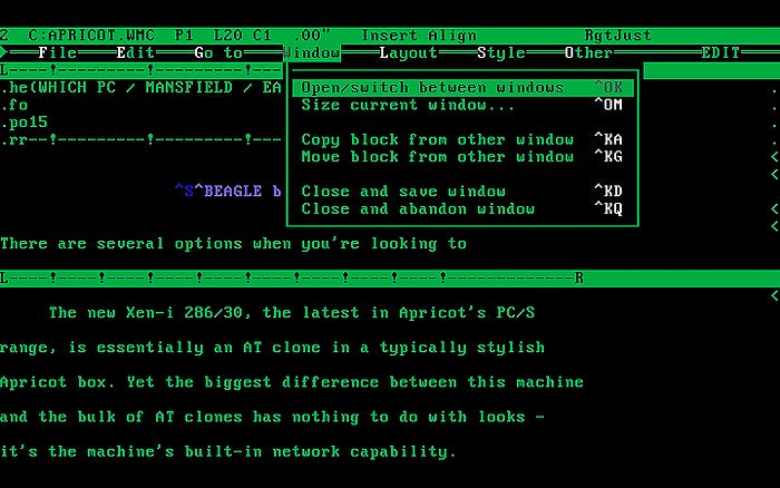 Screengrab of WordStar 5 running on DOS with two documents open in separate windows.