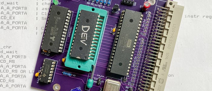 A close-up photograph of a circuit board with several chips, one of which is marked ‘DEV’ and is in a special turquoise socket.