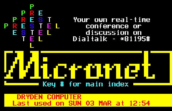 Screengrab of the landing page of the Prestel Micronet 800 service.