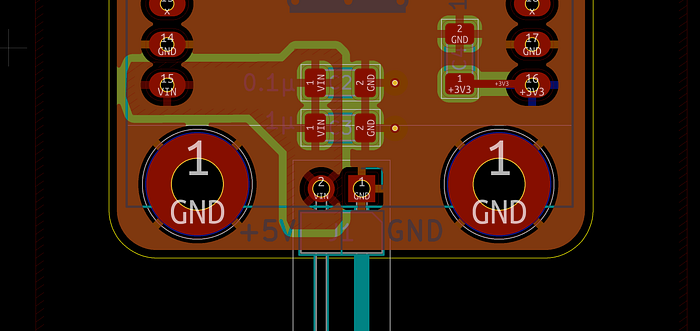 Section of a screengrab from an electronics design program showing areas of copper pours on a PCB.