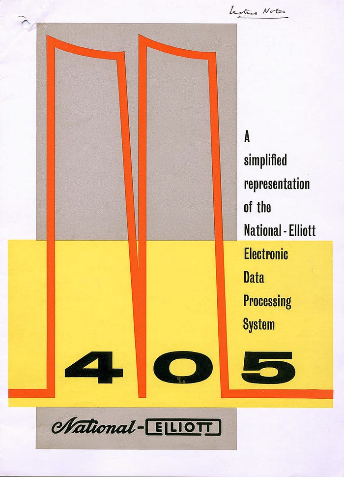 Scanned front cover of a brochure entitled: ‘A simplified representation of the National-Elliott Electronics Data Processing System 405’. The highly stylised graphics are very 1950s.