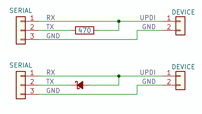 Diagram showing two versions of connections between a serial cable and the UPDI and ground pins of the microcontroller. The top version uses a 470ohm resistor while the lower one uses a Schottky diode.