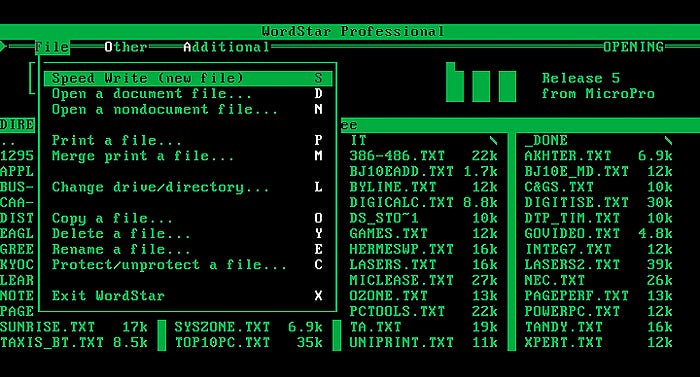 Screengrab of the WordStar 5 word processor running under DOS.