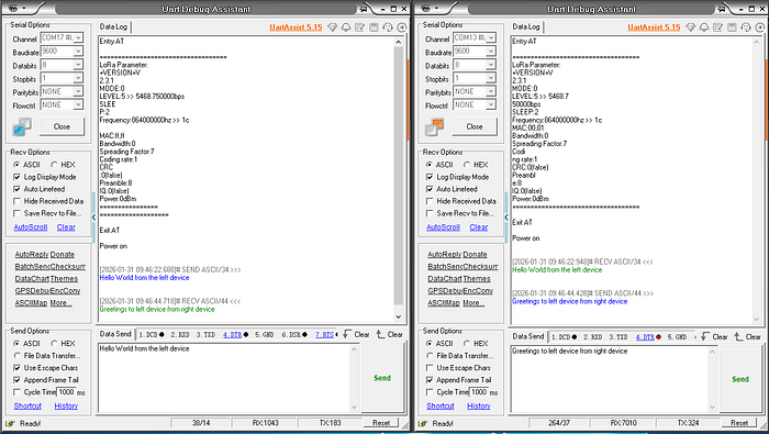 Two windows of UartAssistant.exe with communication examples in ASCII encoding
