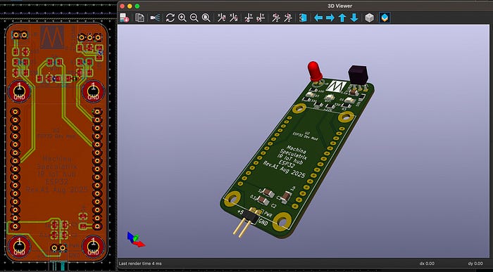 Screengrab of a printed circuit board design, showing the PCB design on the left and a 3D rendering in the main part of the image.