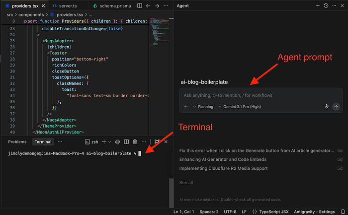 Agent prompt and Terminal inside Antigravity. Image by Jim Clyde Monge