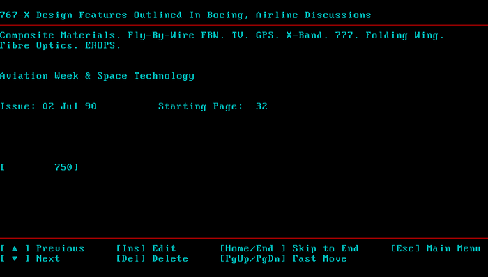 A screengrab from a DOS-based computer program showing a database record.