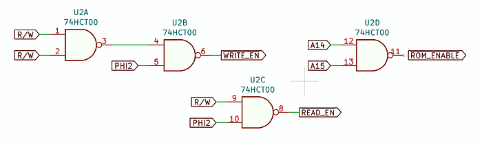 Schematic diagram of NAND gates being used to create signals for address decoding.