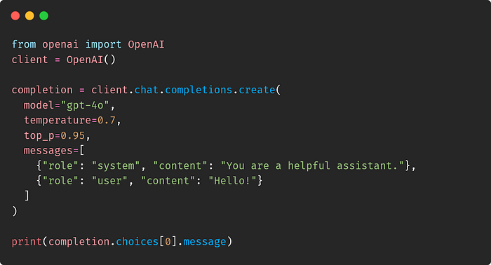 Example Python code taken from the OpenAI Python SDK where the chat completion API is called with the parameters temperature and top_p.