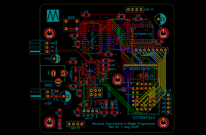 Screen capture from Kicad showing the placing of components and connections on the prototyping board.