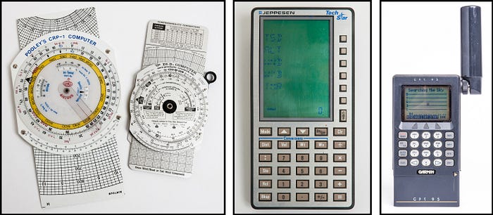 Three photographs show (left to right) circular slide rules; a handheld calculator with a large LCD screen; a handheld GPS receiver with fat antenna and keyboard.