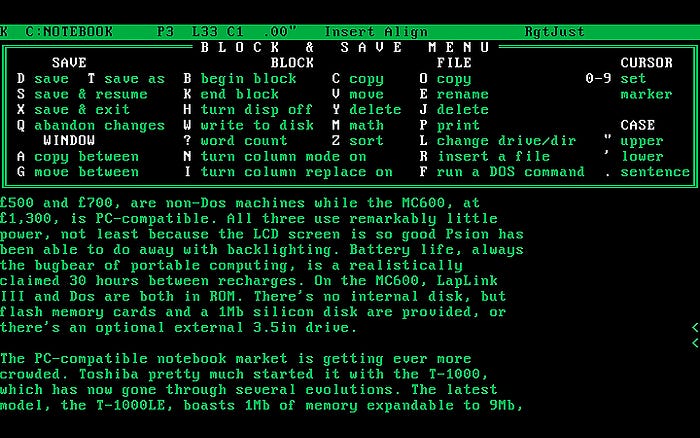Screengrab of WordStar 5 running under DOS showing a helpful command menu.