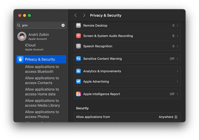 system settings privacy and security