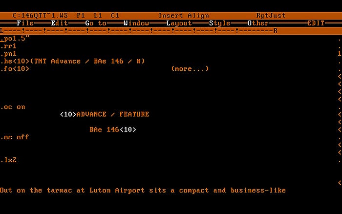 Screengrab of WordStar 5 running under DOS with an amber screen. A document is open showing dot commands used for formatting.