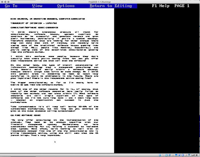 Screengrab of the print preview mode of WordStar 5. You can see roughly how the text will be arranged, but it’s not readable.